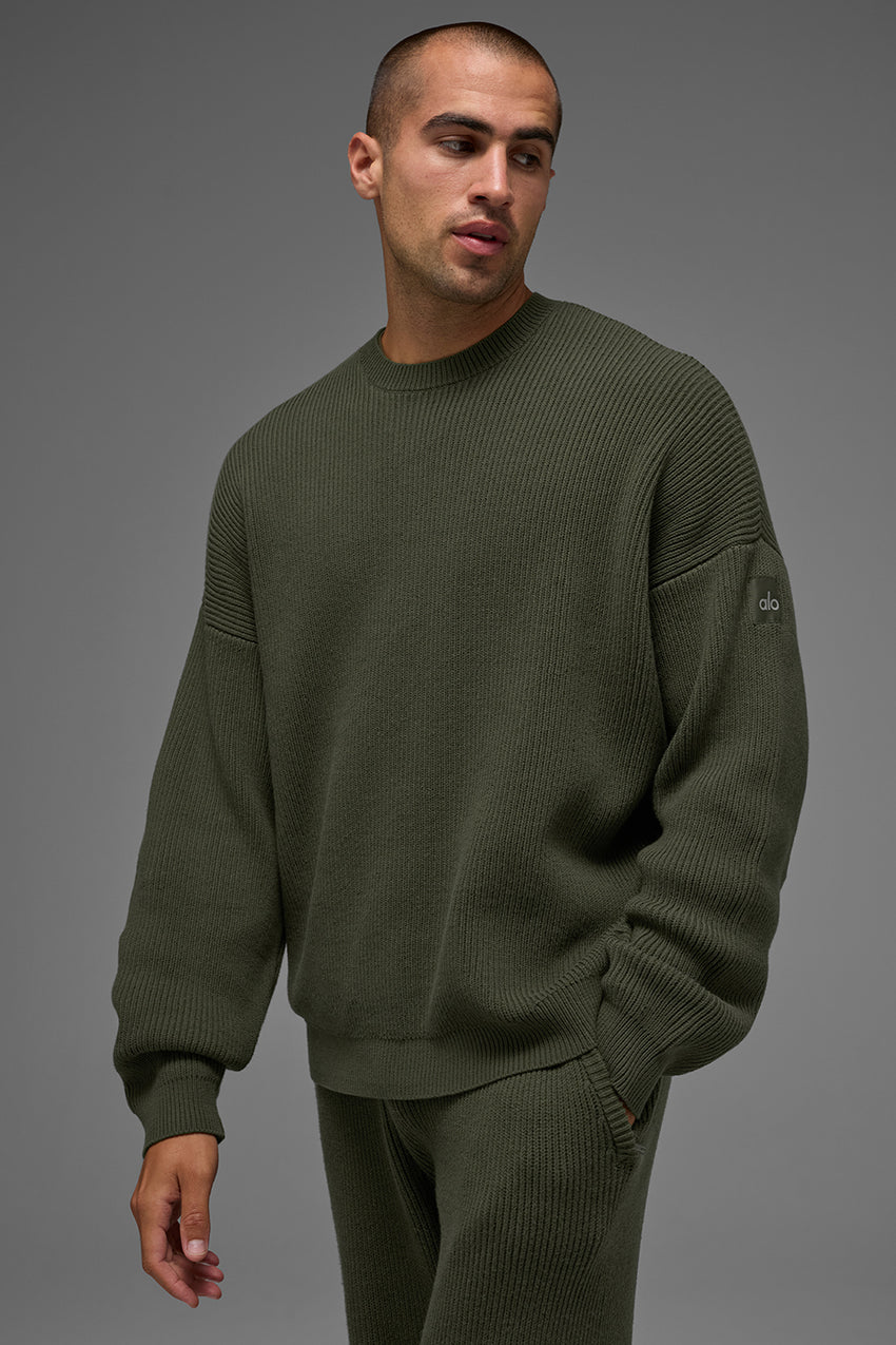 Domain Rib Knit Crew Sweater - Green Olive