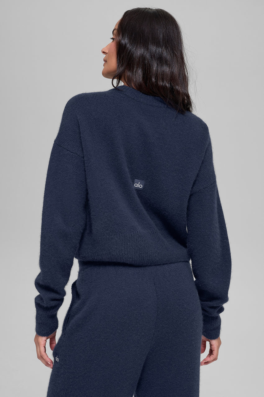Wool Cashmere Cropped New Class Crewneck Sweater - Navy