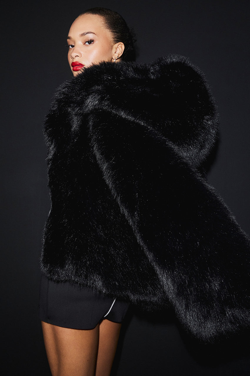Opulent Faux Fur Statement Jacket - Black