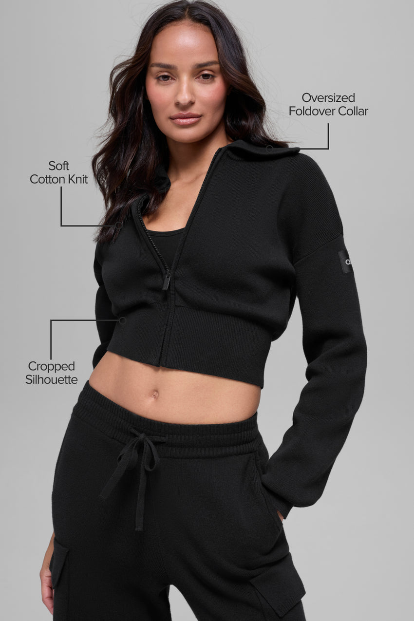 Scholar Knit Cropped Full Zip Jacket - Black