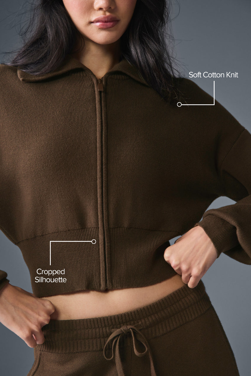 Scholar Knit Cropped Full Zip Jacket - Espresso