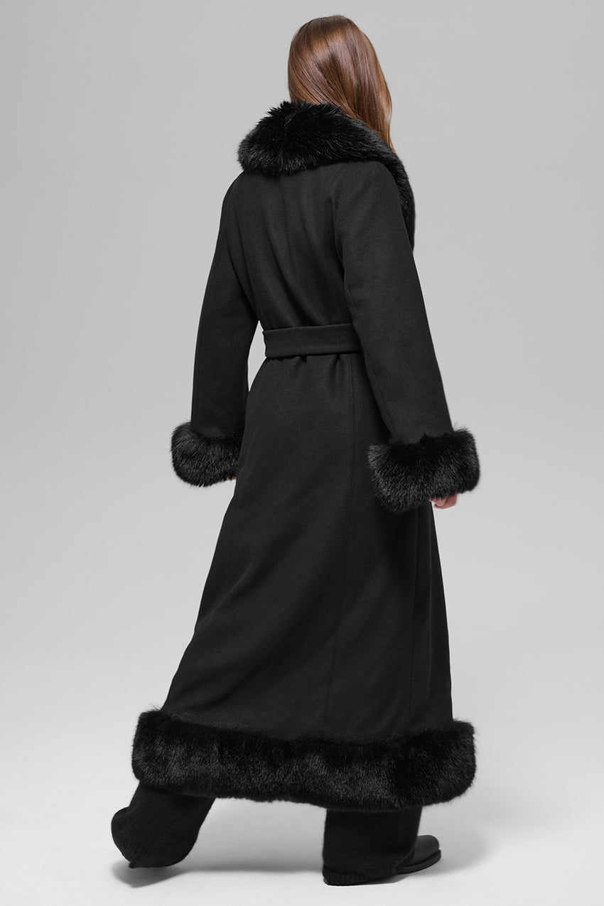 Faux Fur Trimmed Longline Coat - Black
